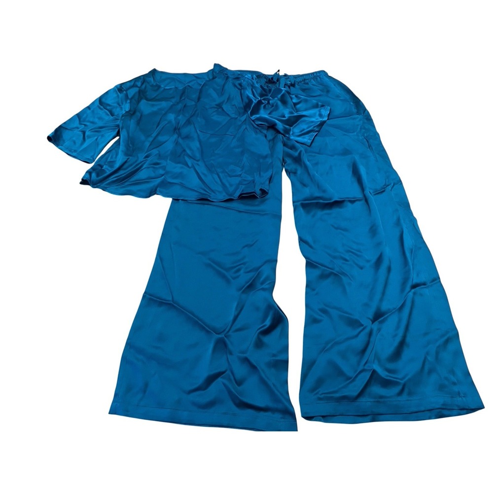 ⁠SilkSilky 100% Silk 2-Piece Lounge Set Medium Teal Wide Leg Pants Short Sleeve